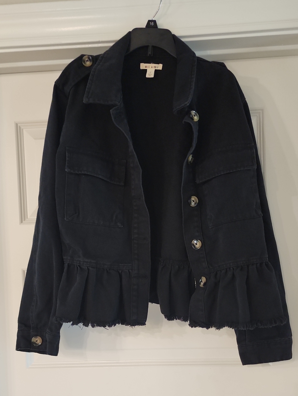 MiAmi Black Women's Ruffle Hem Utility Jacket